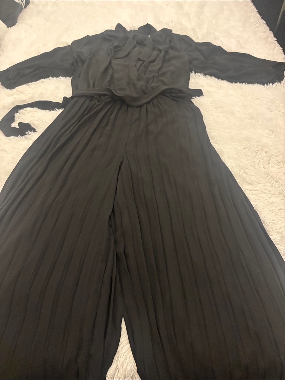 Ashley Stewart Black Pleated Wide-Leg Jumpsuit with Tie Waist